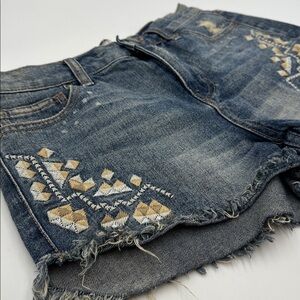 Free People Tulum Embroidered Raw Hem Distressed Jean Shorts Festival Ready